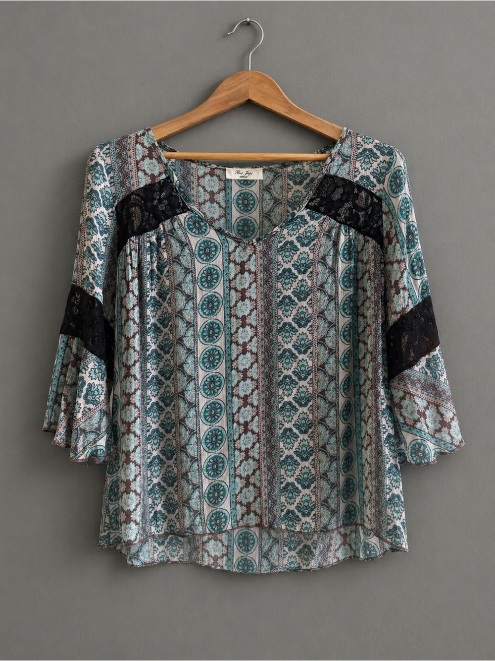 Rue Juju Boho Blouse Medium Teal Floral Lace Sleeve Sheer Flowy Festival Top